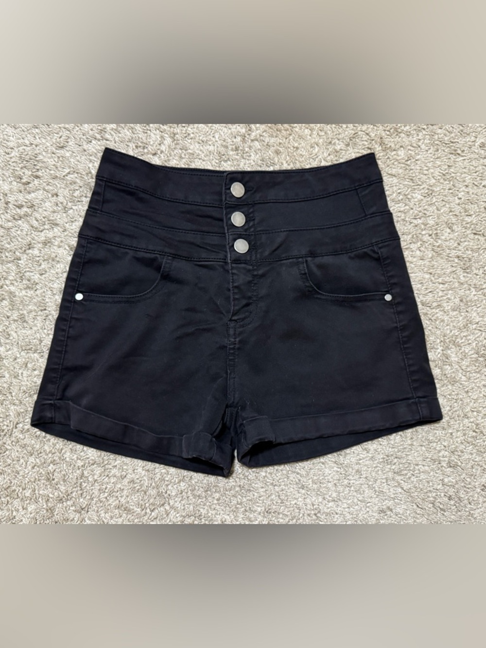 Tinseltown High Rise Button Front Black Denim Shorts Size 3